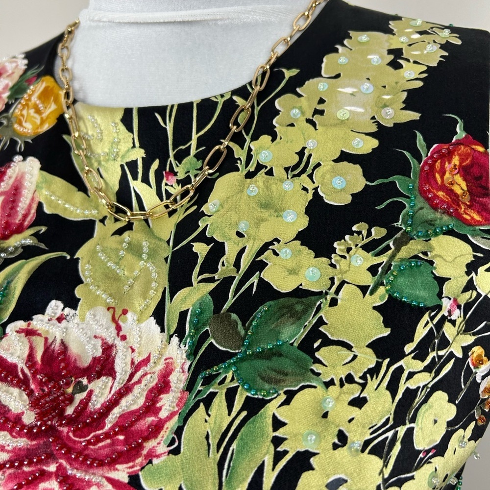 KAY UNGER Silk Sleeveless Beaded Embellished Black Floral Top - Picture 5 of 10